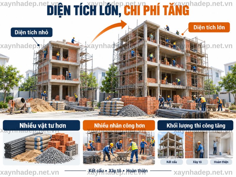 Diện tích lớn làm tăng vật tư, nhân công và khối lượng thi công