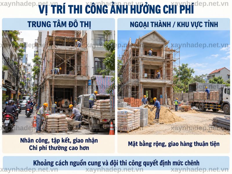 Trung tâm đô thị thường có chi phí thi công cao hơn ngoại thành và khu vực tỉnh