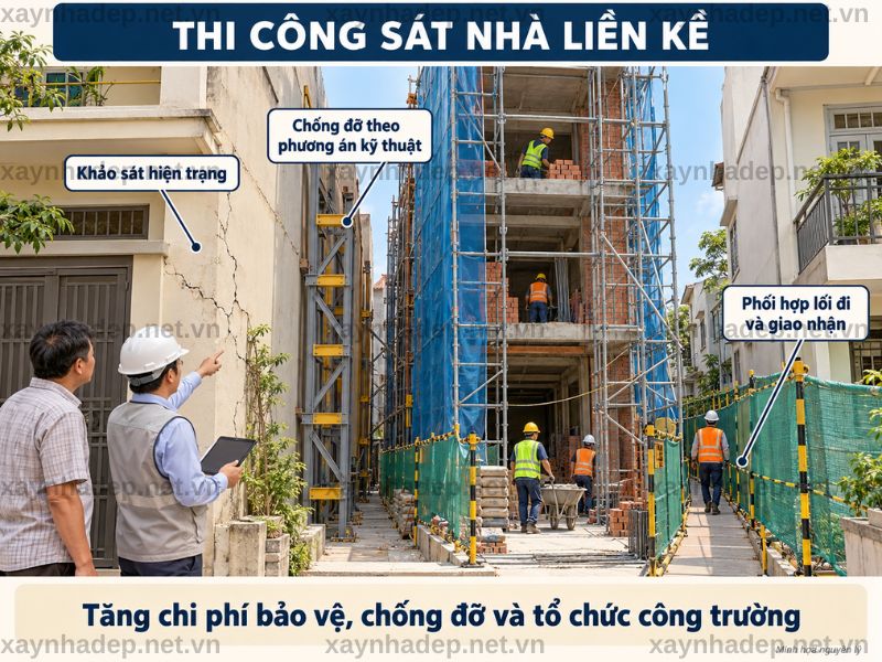 Nhà liền kề và khu dân cư san sát làm tăng chi phí bảo vệ, chống đỡ và phối hợp thi công