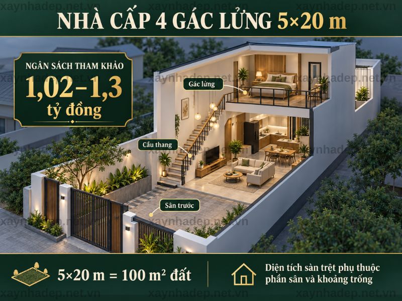 Xây nhà cấp 4 có gác lửng 5×20 m hết bao nhiêu?